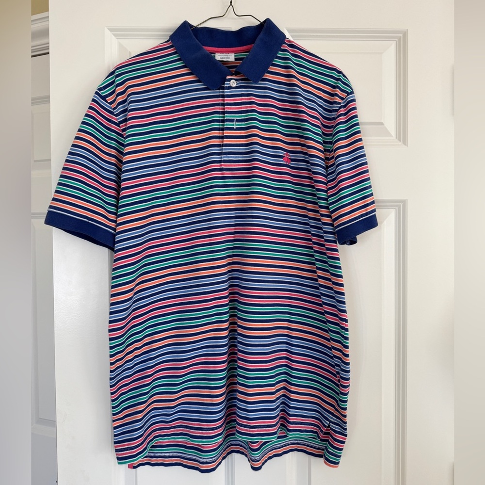 Men’s Brooks Brothers Performance Polo, Size XL, Multi-colored stripe, navy trim